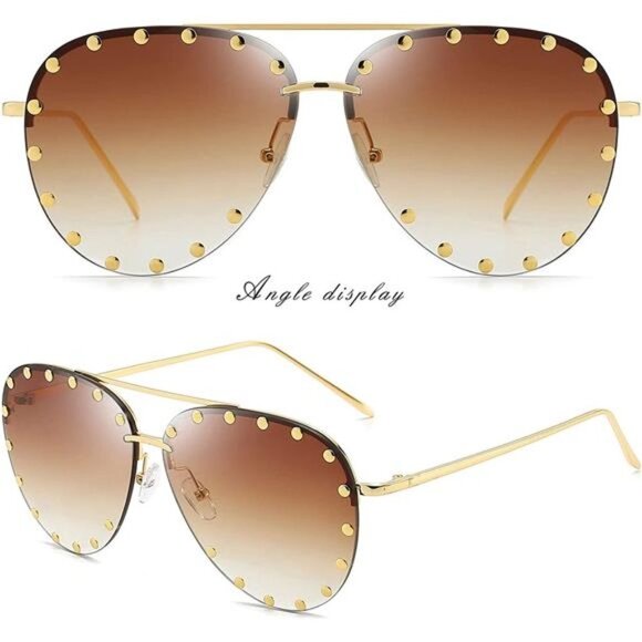 Women\'s Studded Aviator Sunglasses Metal Frame UV 400